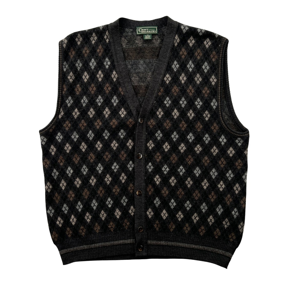 VTG Croft & Barrow Sweater Vest Mens LT Grey Argyle Wool Blend Button Academia